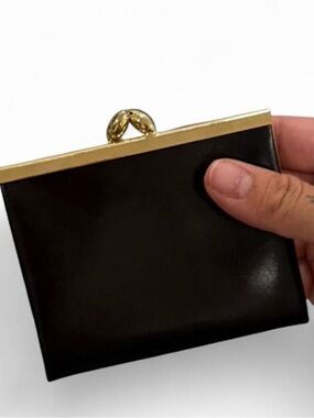 Vintage Black Leather Kiss-Lock Coin or Card holder with Gold Trim